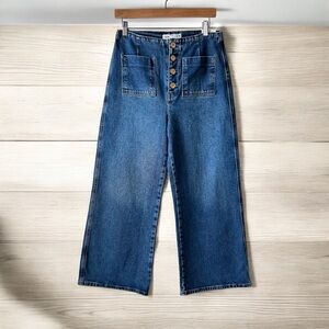 NWOT Zara Front Pocket Wide Leg Cropped Jeans Size US 6 (38) Medium Wash Buttons